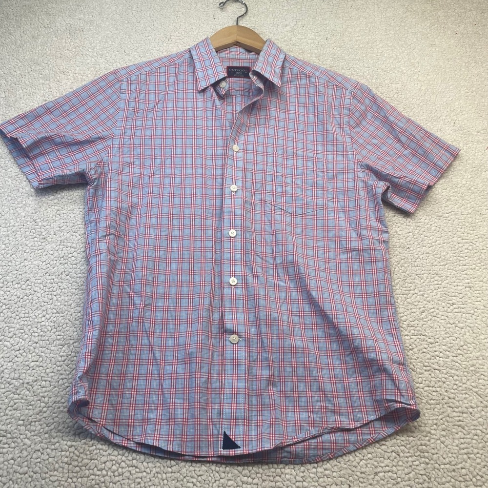 UNTUCKit Button Down Mens M Blue Red Plaid Short Sleeve Casual Shirt 1539